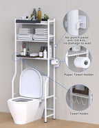 3-Tier Over The Toilet Storage, Freestanding Metal Bathroom Shelves with 4 Hooks, Over Toilet Storage Shelf with Paper Holder, Above The Toilet Shelf for Bathroom Storage, White