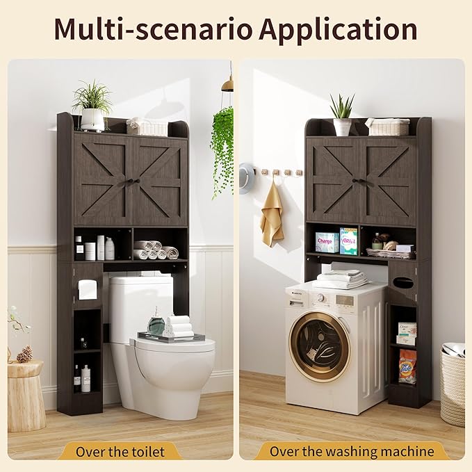 Over the Toilet Storage Cabinet, 32.3” W Farmhouse Bathroom Storage Cabinet Above Toilet with Toilet Paper Holder and Barn Doors, Freestanding Restroom Organizer Space Saving Rack, Rustic Brown