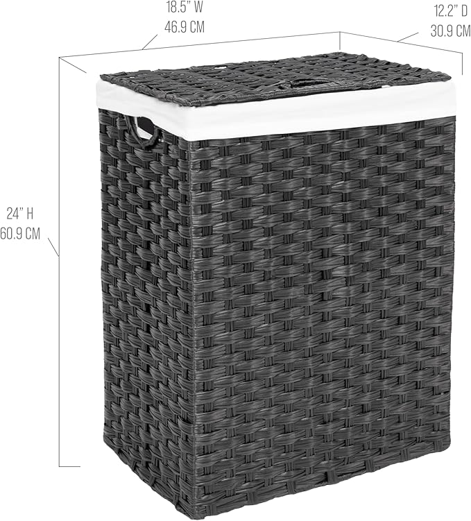Seville Classics Premium Handwoven Portable Laundry Bin Basket with Carrying Handles, Household Storage for Clothes, Linens, Sheets, Black, Rectangular Hamper