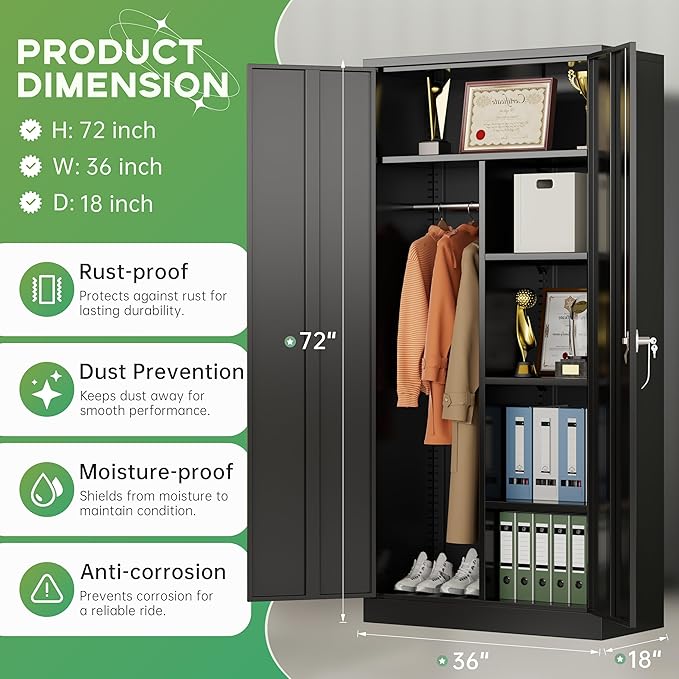 INTERGREAT Metal Wardrobe Closet, 72" Black Locking Storage Wardrobe Cabinet with Locking Doors and Adjustable Shelves, 18" D x 36" W Tall Steel Clothes Storage for Office, Home, School, Gym