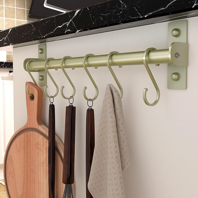 Dseap Kitchen Utensil Holder Hanger, Pot and Pan Rack Wall Mounted, Kitchen Rail with 8 Hooks for Hanging Cooking Utensils, Mugs, Spoons, Wall Mounted,Champagne Color, Pack of 2