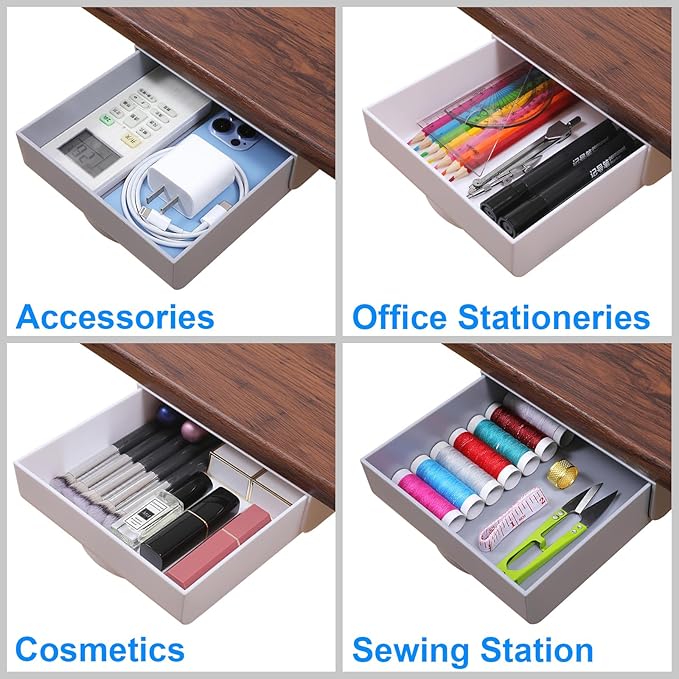 4 Pack Under Desk Drawer Self-Adhesive Desktop Storage Organizer, Hidden Attachable Slide Out Desk Drawer, Under Table Tray for Pencil Pen Stationery Office Organization, White