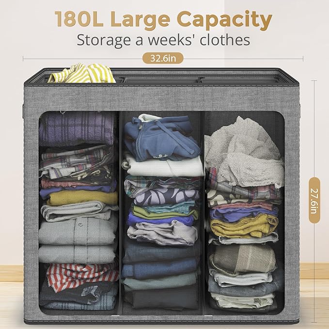 180L Laundry Hamper 3 Section, Large Laundry Hamper with Lid, Dirty Clothes Hampers with Handles, Laundry Basket Organizer for Laundry, Bedroom, Bathroom, Laundry Sorter Baskets, Grey