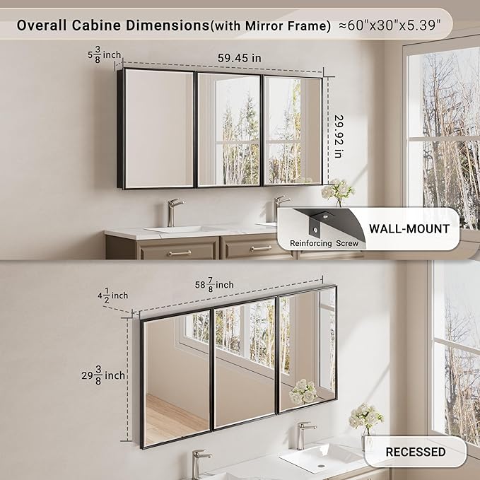 60x30 Pre-Assembled Black Medicine Cabinet with Mirror, Surface or Recessed Medicine Cabinet Mirror for Bathroom, Aluminum Beveled Frame Bathroom Vanity Mirror with Adjustable Shelves Storage