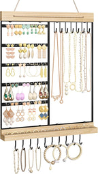 Hanging Jewelry Organizer, 5-Tier Wall Earring Holder with Wooden Ring Groove, Jewelry Rack Wall Mounted for Earrings, Necklaces, Bracelets and Rings, Jewelry Holder Stand, Black