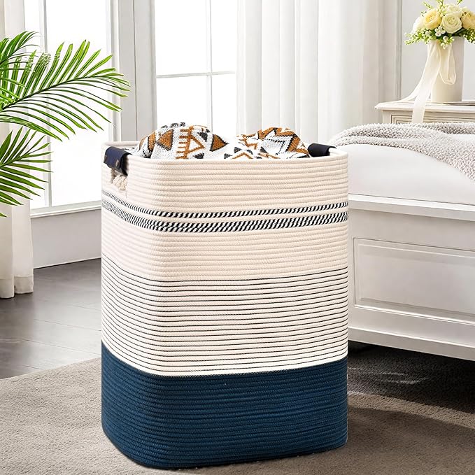 Laundry Hamper, 85L Tall Laundry Basket with Leather Handles, Rectangle Large Clothes Hamper for Organizing, Cotton Woven Laundry Baskets Storage Hampers for Bedroom, Nursery, Living Room