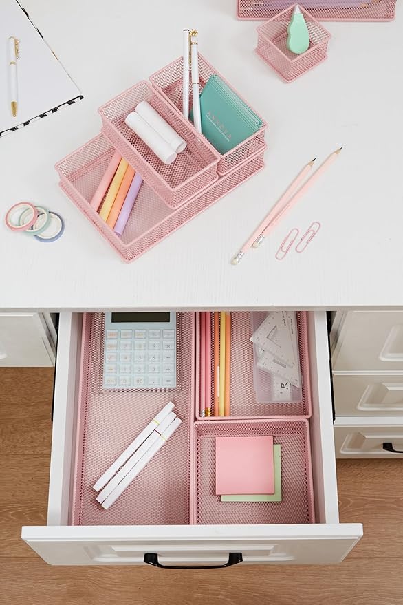 Annova Mesh Stackable Drawer Cabinet and Shelf Organizer Bins Storage Basket School Office Supply Holder Tray- Set of 2 (Light Pink, 6x6x2 Inch)
