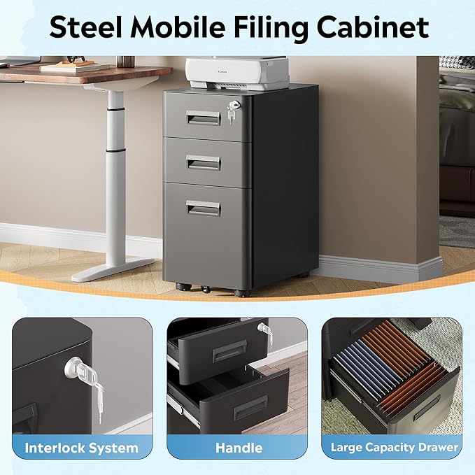 DEVAISE 3 Drawer Mobile File Cabinet with Lock, Under Desk Metal Filing Cabinet for Home Office Fits Legal/Letter/A4 Size, Fully Assembled Except Casters, Black