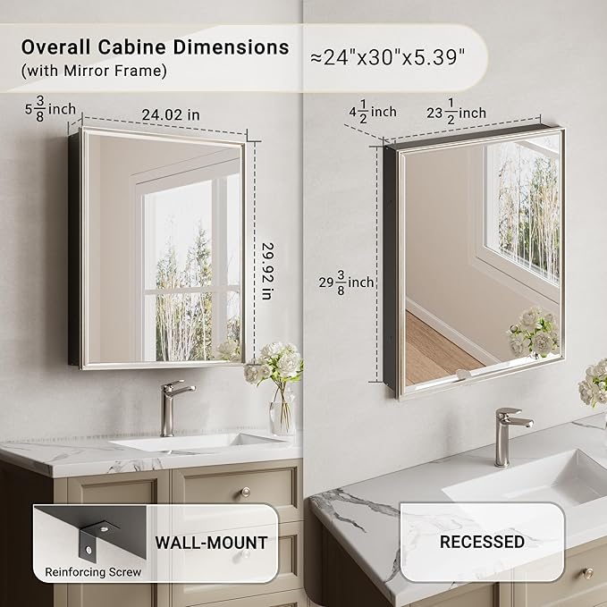 Pre-Assembled Surface or Recessed Medicine Cabinet Mirror-24x30 Brushed Nickel Bathroom Medicine Cabinet with Mirror & Rustproof Aluminum Frame, Beveled Bathroom Vanity Mirror with Storage