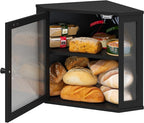 Corner Bread Box for Kitchen Counter, Bamboo Wood Black Bread Box, Large Capacity Bread Storage Bin with Acrylic Wavy Door Panel (Black, Meduim)
