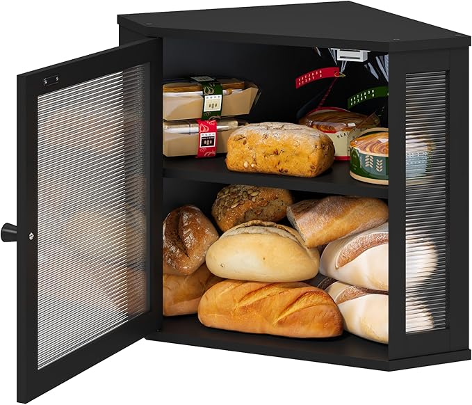 Corner Bread Box for Kitchen Counter, Bamboo Wood Black Bread Box, Large Capacity Bread Storage Bin with Acrylic Wavy Door Panel (Black, Meduim)