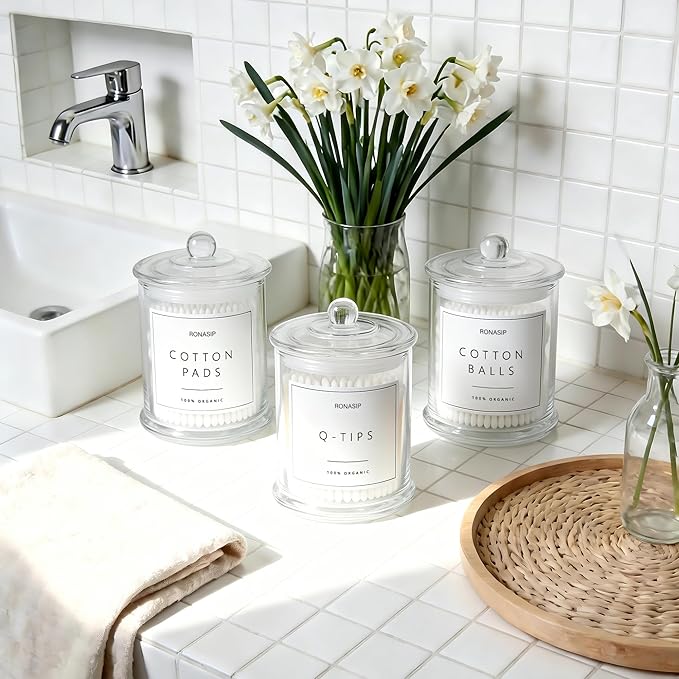 3 Pack Qtip Holder Dispenser, 16oz Bathroom Organizer and Storage Canisters, Glass Apothecary Jars with Lid - Home Decor, Room Decor Aesthetic(Transparent)
