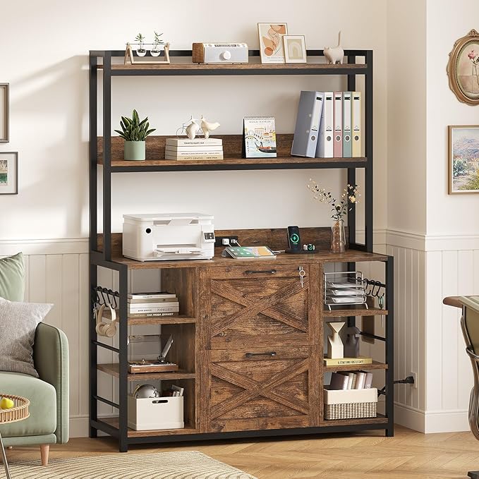 SEDETA File Cabinet, Filing Cabinet fits Legal/Letter/A4 Size, 2 Drawer Filing Cabinets for Home Office with Lock, Power Strip and Open Storage Shelves, Rustic Brown