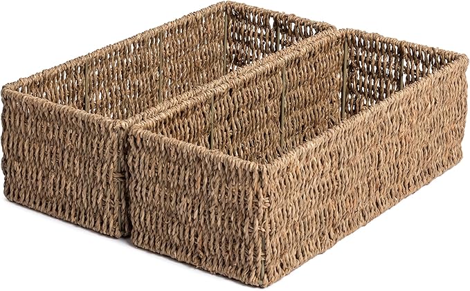 JS HANGER Paper Storage Basket, Metal Frame, Set of 2, 14.9"L x 6.3"W x 4.7"H, Wicker Basket for Pantry, Toilet, Bathroom, Bedroom, Patio Storage Baskets for Shelves