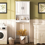 ROOMTEC Over The Toilet Storage Cabinet with Adjustable Shelf and Double Doors, Freestanding Bathroom Cabinet Organizer with Open Shelf, Home Space-Saving Toilet Rack for Restroom, Laundry, White
