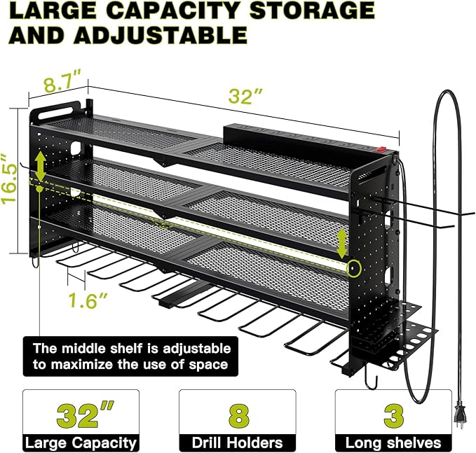 Power Tool Organizer Wall Mount with Charging Station,Cordless Tool Organizer 8 Drill Holder, 4 Layer Storage Rack for Garage Organization,Tool Holder with 8 Outlet Power Strip (Black)