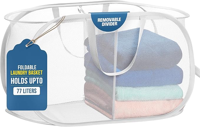 Handy Laundry Collapsible Laundry Basket, 2-Compartment Mesh Hamper – Foldable, Space-Saving, Lightweight & Durable with Handles for Dorm, Travel, Laundry Room, Apartment – White