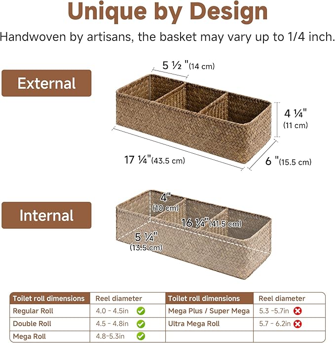 StorageWorks Toilet Paper Basket for Back of Toliet， Bathroom Basket with 3 Enlarged Compartments, Seagrass Toilet Paper Storage Baskets, 16½"x 5½"x 5½", Brown, 2-Pack