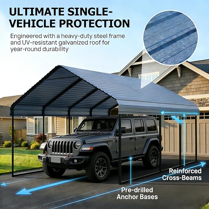 12x20 ft Metal Carport & Portable Garage, Heavy Duty with Galvanized Steel Roof & Frame - Large Tall Carports Canopy for Snow, Grey for Outdoor Garages