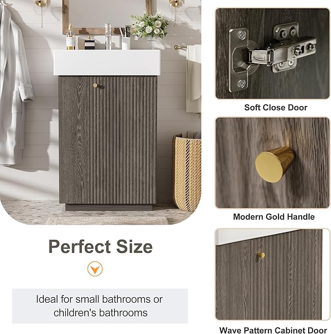21.6" Small Fluted Bathroom Vanity with Sink,Soft Closing Doors and Storage Shelves,Natural Wood Single Bathroom Sink Cabinet Combo Freestanding,Dark Grey