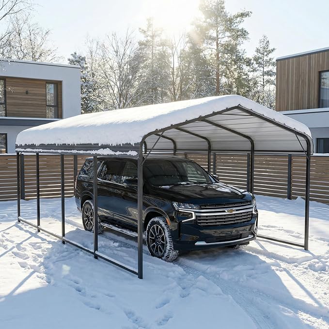 SUNBURY 10 x 20 ft Heavy Duty Metal Carport for Vehicle Storage, Canopy with Galvanized Steel Roof, Outdoor Steel Car Shelter with Metal Frame, for Cars, Boats, Pickups and Tractors, Gray