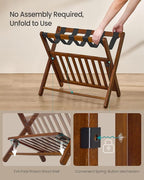 SONGMICS Solid Wood Luggage Rack, No Assembly Required, Foldable Suitcase Stand, Luggage Holder, with Storage Shelf, for Guest Room, Hotel, Bedroom, Coffee Brown URLR020K02