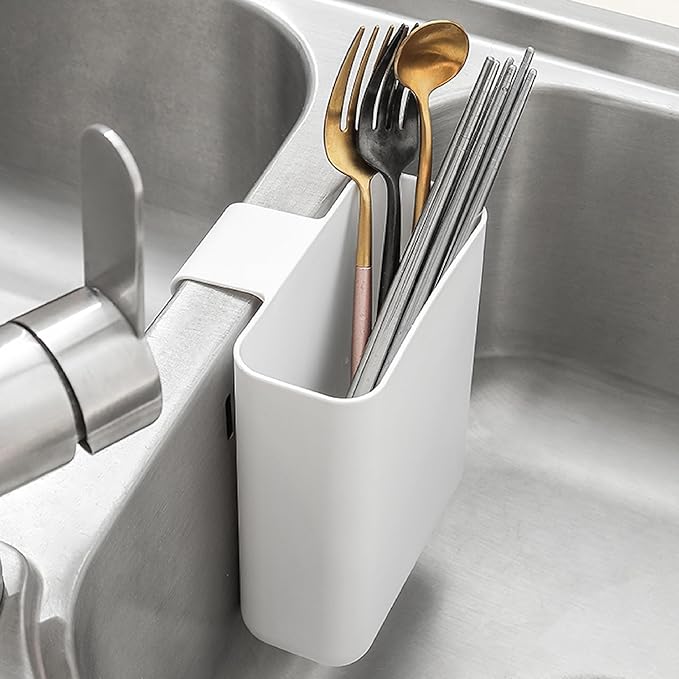 Multifunctional Compact Kitchen Drainer Drain Basket Utensil and Cutlery Drying Rack Holder and Hangable Sink Shelf Home Fruit Basket Plastic Storage Container White (Deep)