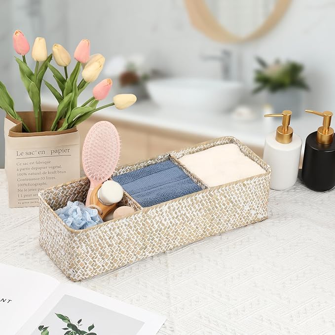 Hipiwe Handwoven Seagrass Storage Basket 3 Sections Toilet Tank Paper Basket Wicker Shelf Basket for Pantry Kitchen Living Room Home Decor, Whitewash