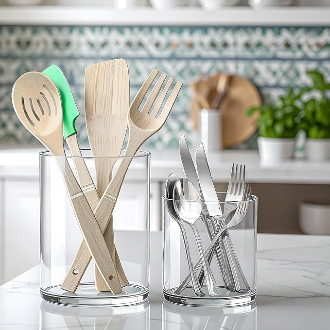 Amazing Abby - uPod - Plastic Utensil Holder (2-Piece Set), 7.5"+5.5" (H), Clear Utensil Crock and Flatware Caddy, Cooking Utensil Organizer for Kitchen Countertop, BPA-Free, Shatter-Proof (Not Glass)