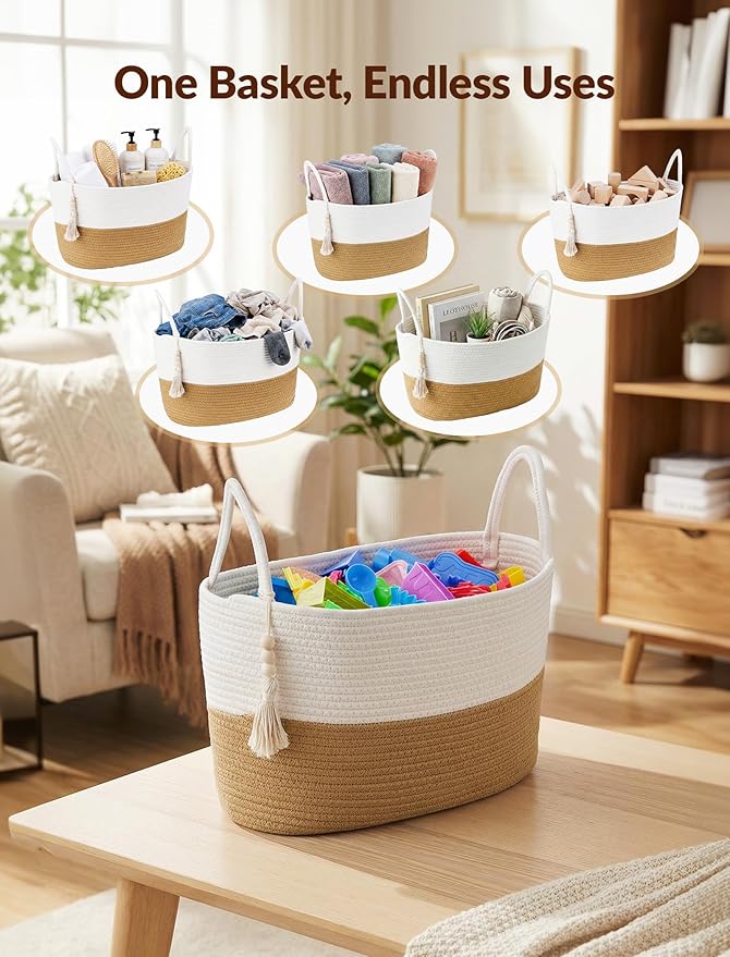 NiHome Toilet Paper Storage Basket, Cotton Rope Organizer with Boho Tassel, Holds 6 Rolls, Foldable Space-Saving Design, Multi-Purpose Bin for Bathroom, Bedroom and Living Room