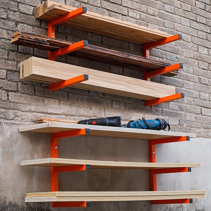 Lumber Storage Rack Wall Mounted, 6-Level Holds Up 1200 Lbs Heavy Duty Wood Organizer, Metal Shelf for Shed, Workshop, Garage - 4pack, Orange