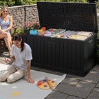 JUMMICO 250 Gallon Outdoor Resin Deck Box with Divider, Waterproof Storage Box with Lockable Lid&Side Handles for Garden Tools, Pools Supplies (Black)