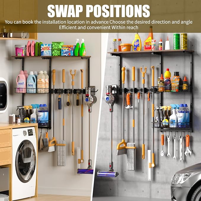 Broom Holder Wall Mount，Mop Rack With Storage Basket,Diversity Laundry Room Cleaning Tool Storage container，Suitable Family Garage Kitchen Organization Wall-Mounted Rack (Black, Medium)