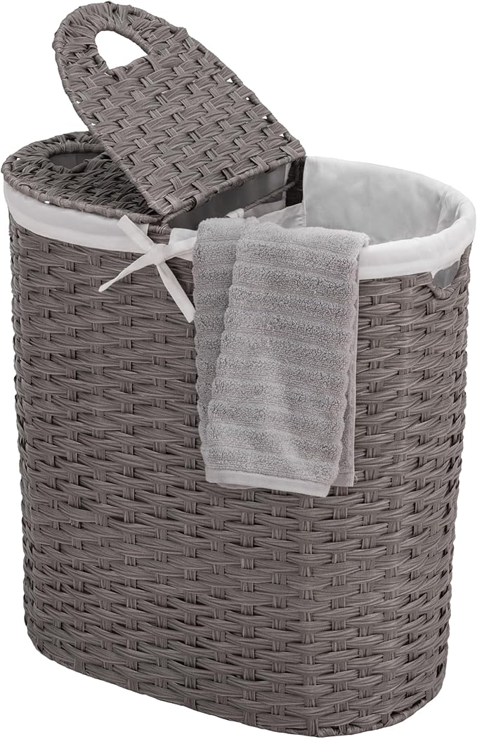 Seville Classics Premium Handwoven Portable Laundry Bin Basket with Carrying Handles, Household Storage for Clothes, Linens, Sheets, Gray, Oval Hamper