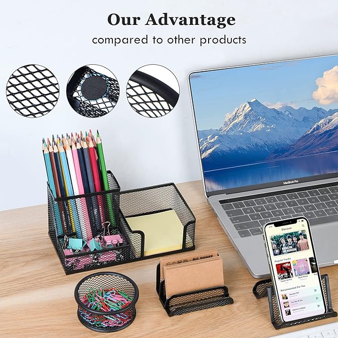 Desk Organizers set with Mesh Pen Holder Cup, 3 Compartments Black Office Supply Organizer Paper Clips Holder for Office Desk Accessories (6 Piece set, Black)