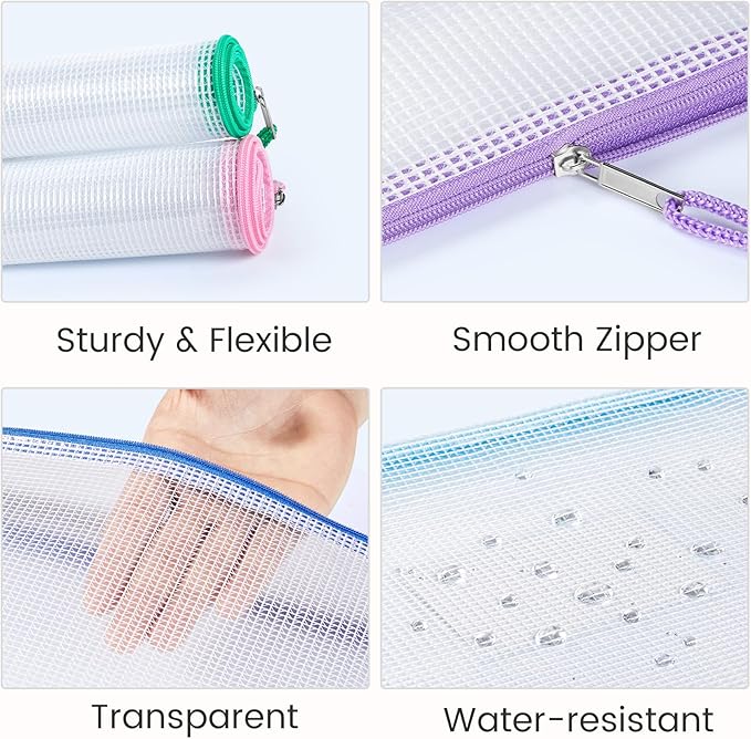 Sooez 24 Pack Mesh Zipper Pouch with Sticky Labels, A4 Mesh Bags, Toy Storage Board Game Puzzles Organization, Sturdy Letter Size File Folders Organizer for Teacher School Classroom Office Supplies