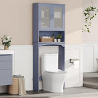 Yaheetech Over The Toilet Storage Cabinet, Free Standing Toilet Rack with Adjustable Shelves and Tempered Glass Doors for Bathroom Washroom, Grey