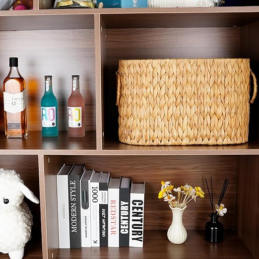 Large Toilet Paper Storage Basket, Wicker Toilet Paper Holder Basket for Bathroom, Natural Water Hyacinth Narrow Basket, Slim Toilet Paper Basket for 6 Mega Rolls, Magazines & Towels