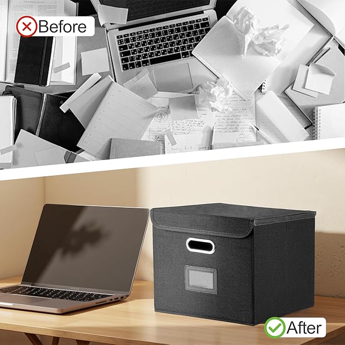 Collapsible File Box with Lid & Plastic Slide - Hanging Document Organizer for Office/Home, 14.96x12.6x10.83 Inch,Decorative Home File Bin,Black, 1 Pack (No Folders Included)