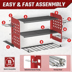 Power Tool Organizer, Heavy Duty Wall Mount Tool Organizer 3 Layers with 4 Drill Holders, Garage Tools Storage Rack with 2 Side Pegboards and Hooks for Workshop, Shed, Red