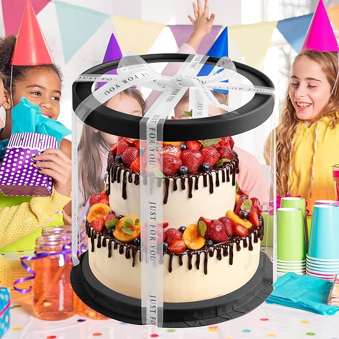 JCD Black Multi-Layer 10 * 10 Inch Round Clear Cake Boxs with Ribbon,6 Pack Tall Transparent Packaging Cake Containers PET Cake Carrier Box for Birthday (Black, Round 10inch/6pcs)