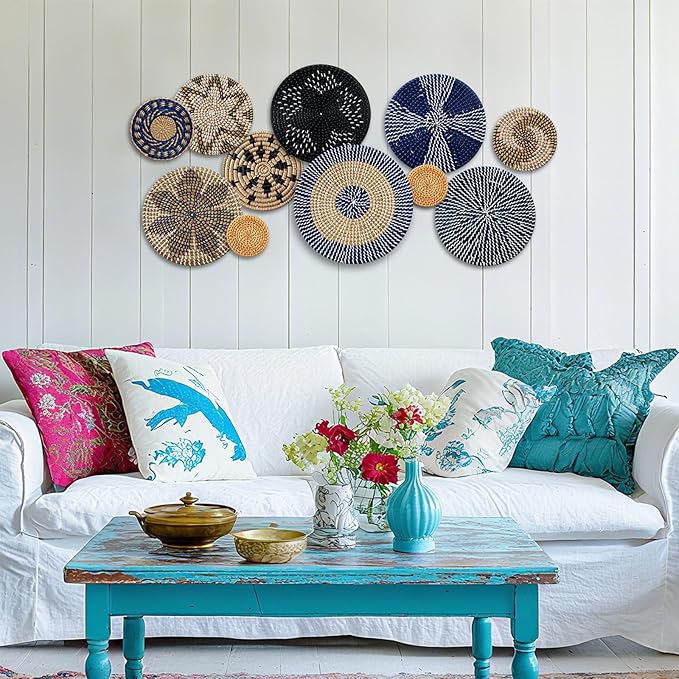 Tatuo 11 Pcs Boho Wall Basket Decor Decorative Bulrush Woven Basket Wall Decor Art Round Farmhouse Hanging Baskets for Kitchen Rustic Home Summer Decorations, Multi Sizes (Blue)