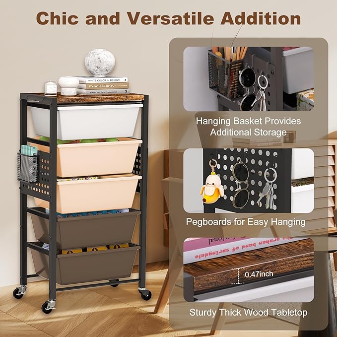Rolling Cart with Drawers, Rolling Storage Cart with Large Plastic Drawers & Wooden Tabletop, Utility Cart with Pegboards & Basket, Storage Drawers Cart for Living Room, Classroom, Bedroom, Office