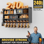 Power Tool Organizer Wall Mount with Charging Station, Heavy-Duty Metal Garage Tool Storage Rack & 8 Outlet Power Strip, 33 Inch Long 4 Tier Shelves for Workshop Organization