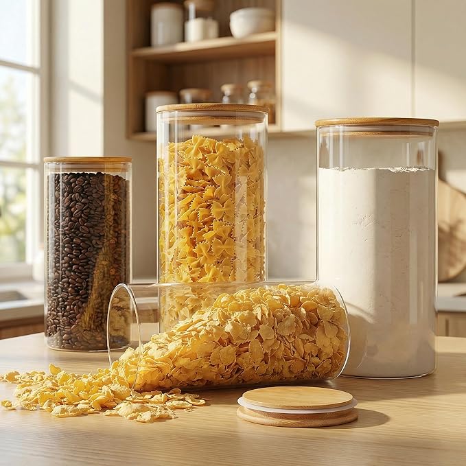 Extra Large Glass Flour and Sugar Storage Containers with Airtight Lids,132 floz x2 [Set of 2] Big Glass Jars with Bamboo Lids, Air Tight Food Storage Jars for Cereal, Pasta, Rice, Coffee