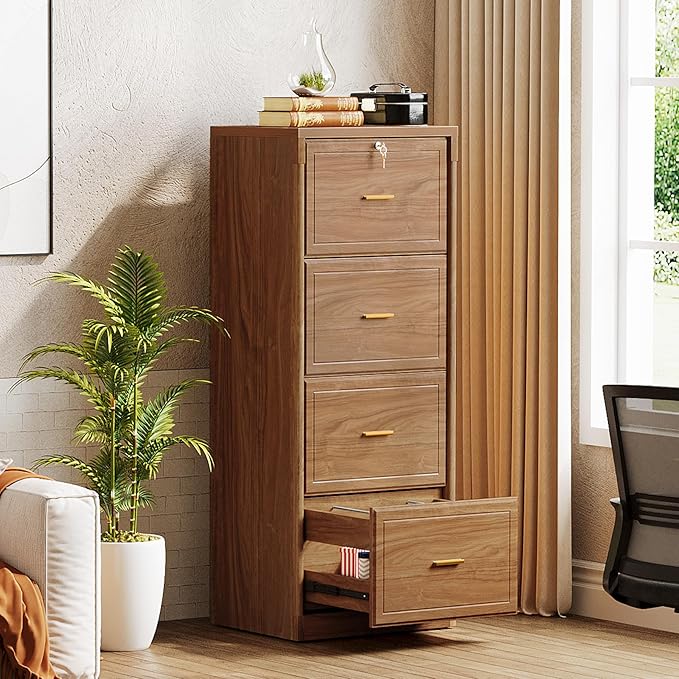 Tribesigns 4-Drawer File Cabinet with Lock, Locked File Cabinet with Key, Tall Wooden Filing Cabinets for Home Office, Vertical Office Storage for Legal Size/Letter/A4/Files, Brown