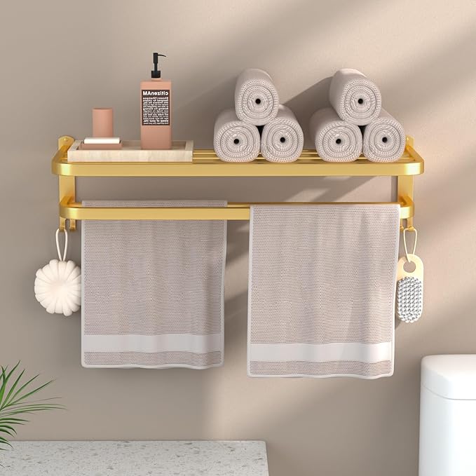DDS-DUDES 23 Inch Gold Bathroom Towel Rack Towel Shelf with Double Towel Bars Lavatory Wall Mount Holder with Hooks Golden Stainless Steel Hotel Bath Rack