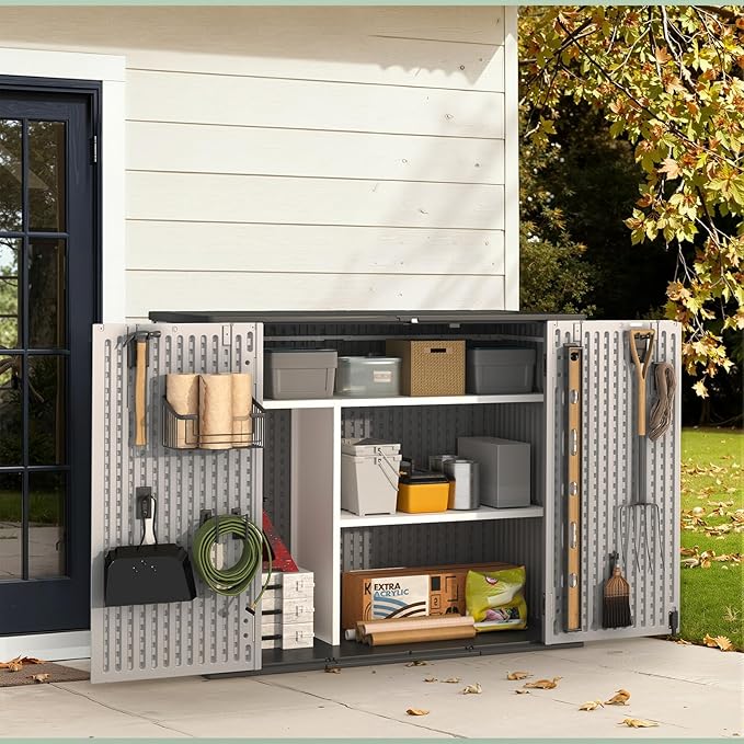 Aoxun 41 Cu Ft Outdoor Storage, Waterproof Vertical Resin Shed Outdoor Storage Cabinet for Garbage Bin, Generators & Yard Gear (Grey)
