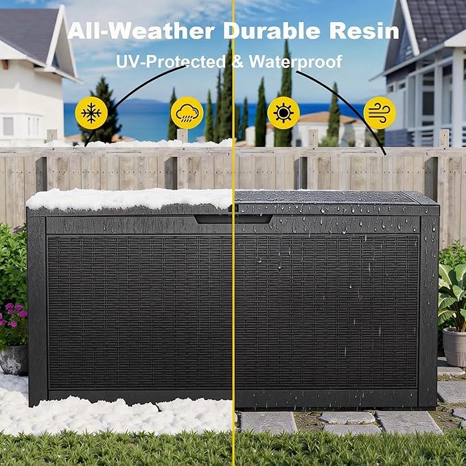 Vixzen 120 Gallon Waterproof Large Deck Box, Lockable Resin Outdoor Storage Box with Hydraulic Lid, Durable Storage Bin for Patio Furniture Cushions, Garden Tools, Pool Accessories, Black