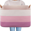 OIAHOMY Large Blanket Basket, 65L Cotton Rope Woven Laundry Basket, Toy Bin for Baby Room, Container for Blanket Storage in Living Room, 20''×16''×12'', Gradient Pink